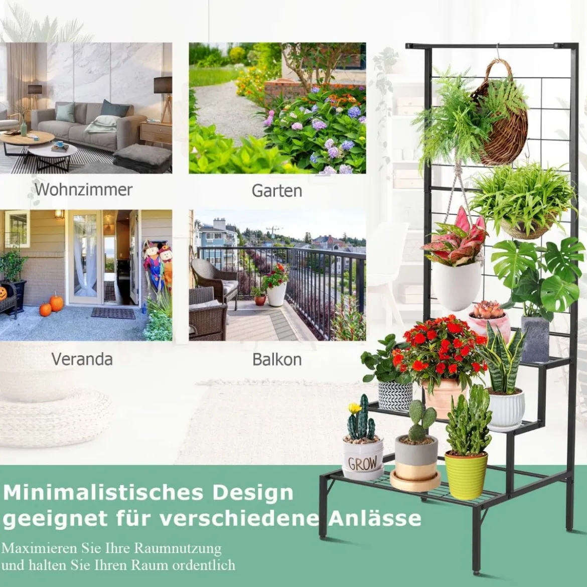 Pflanzenständer 3-Stöckiger Hängender Pflanzenständer Blumenregal 60 x 57 x 157 cm Schwarz