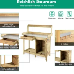 Pflanztisch aus Tannenholz Garten-Pflanzbank mit Schrank offenem Regal und 3 hochwertigen Haken Natur