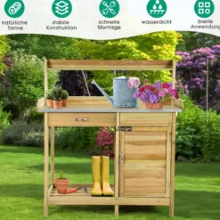 Pflanztisch aus Tannenholz Garten-Pflanzbank mit Schrank offenem Regal und 3 hochwertigen Haken Natur
