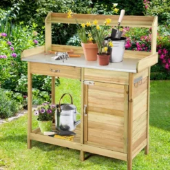 Pflanztisch aus Tannenholz Garten-Pflanzbank mit Schrank offenem Regal und 3 hochwertigen Haken Natur