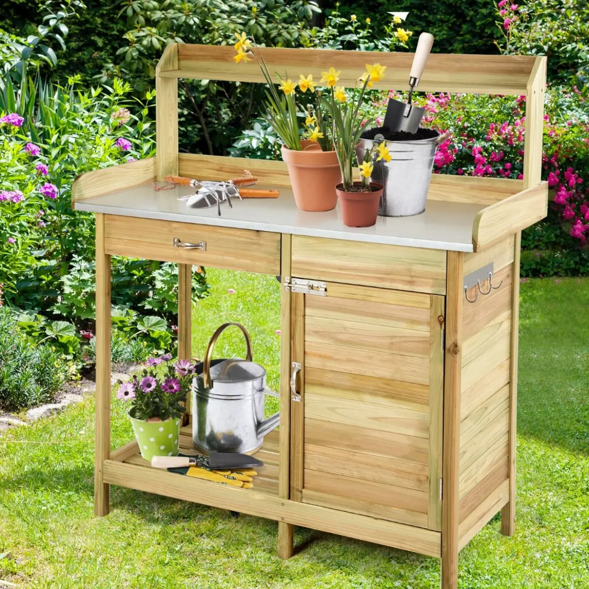 Pflanztisch aus Tannenholz Garten-Pflanzbank mit Schrank offenem Regal und 3 hochwertigen Haken Natur