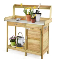 Pflanztisch aus Tannenholz Garten-Pflanzbank mit Schrank offenem Regal und 3 hochwertigen Haken Natur