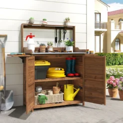 Pflanztisch Outdoor hölzerne Pflanzbank mit verzinkt Arbeitsplatte & klappbare Seitentische Braun