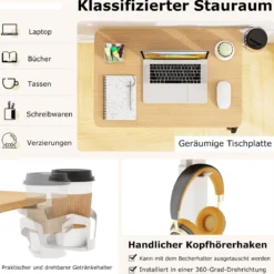 Pflegetisch mit versteckten Rollen höhenverstellbarer Betttisch mit Becherhalter & Haken Natur