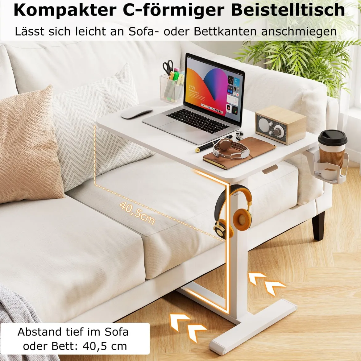 Pflegetisch mit versteckten Rollen höhenverstellbarer Betttisch mit Becherhalter & Haken Weiß