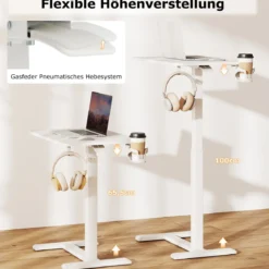 Pflegetisch mit versteckten Rollen höhenverstellbarer Betttisch mit Becherhalter & Haken Weiß