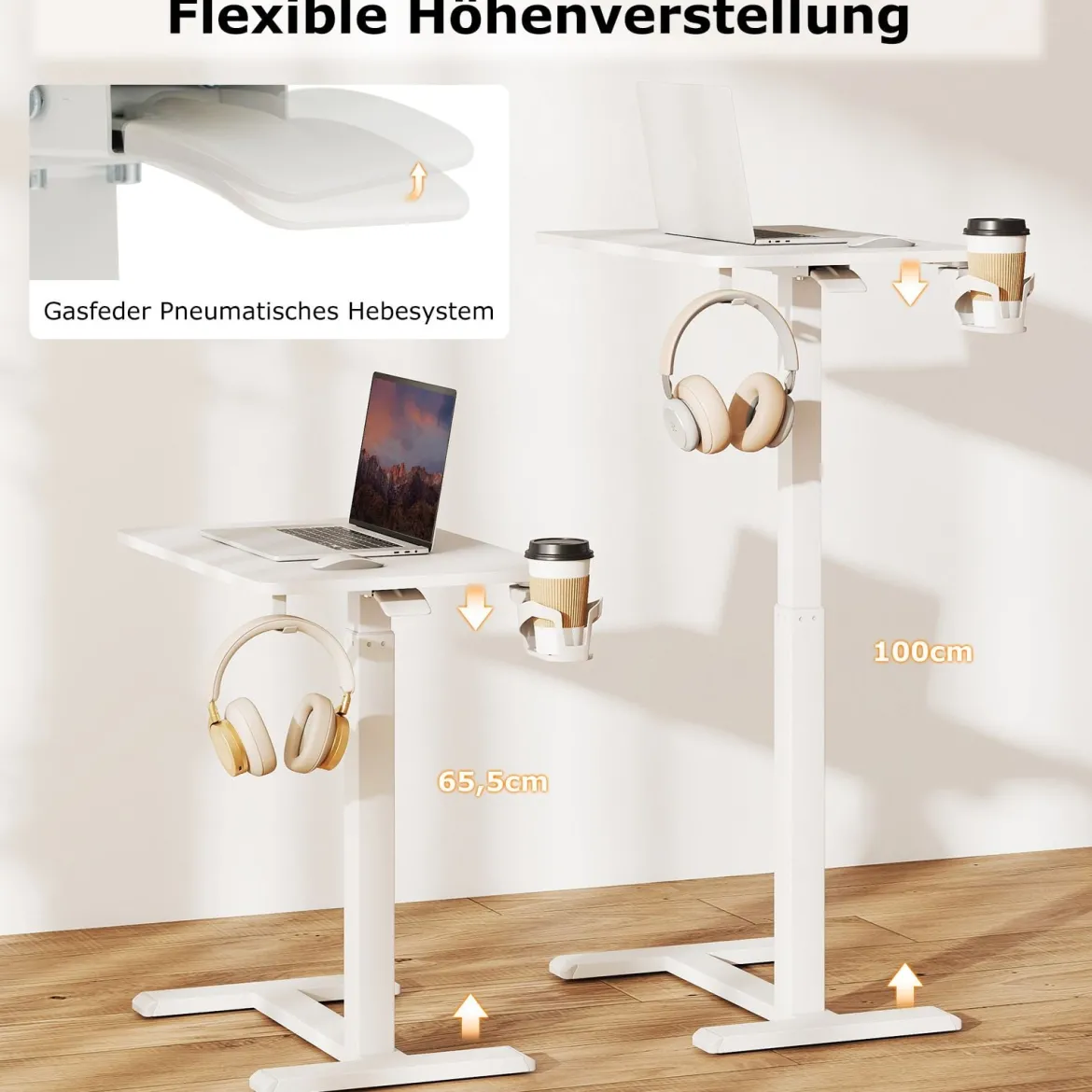Pflegetisch mit versteckten Rollen höhenverstellbarer Betttisch mit Becherhalter & Haken Weiß