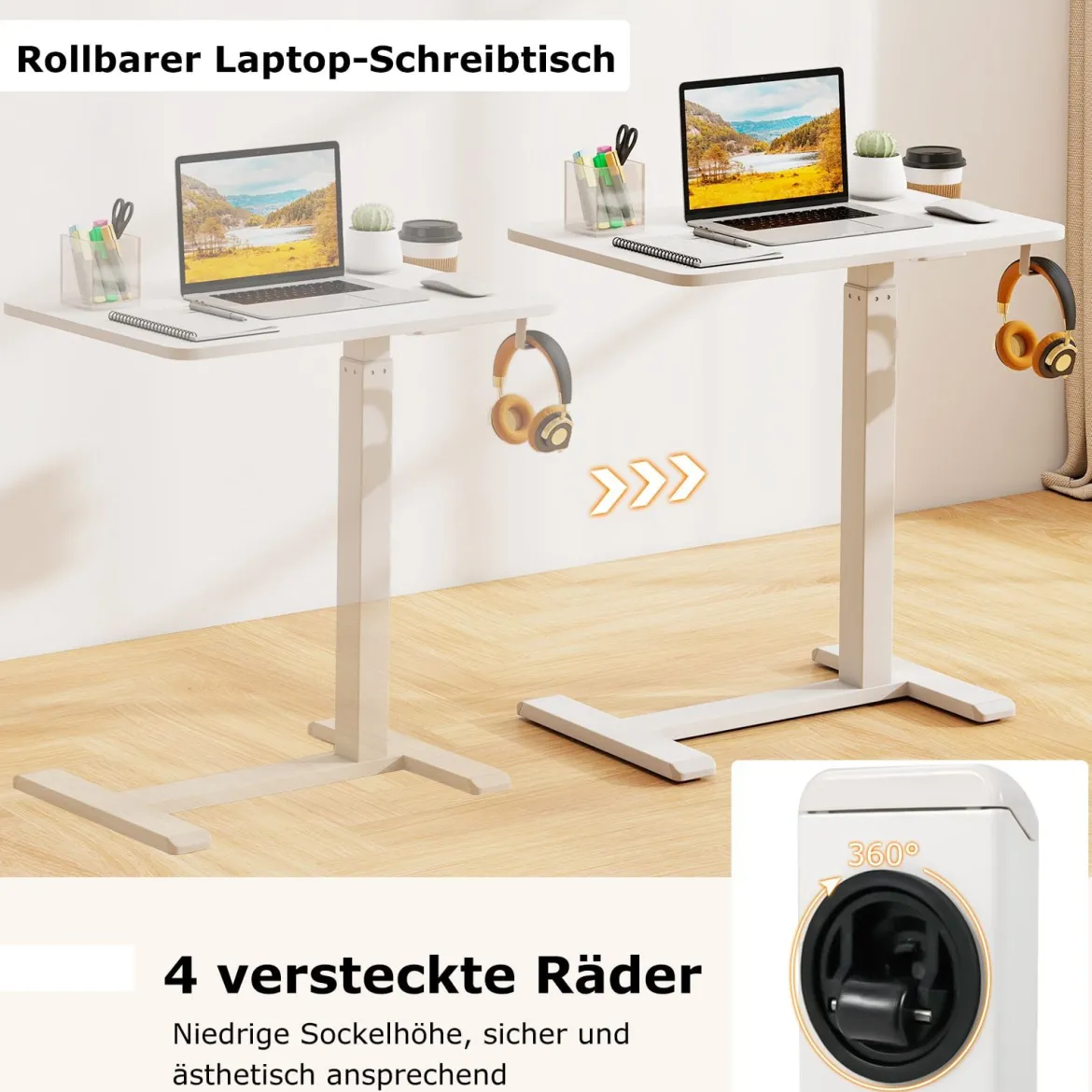 Pflegetisch mit versteckten Rollen höhenverstellbarer Betttisch mit Becherhalter & Haken Weiß