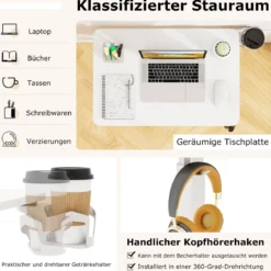 Pflegetisch mit versteckten Rollen höhenverstellbarer Betttisch mit Becherhalter & Haken Weiß