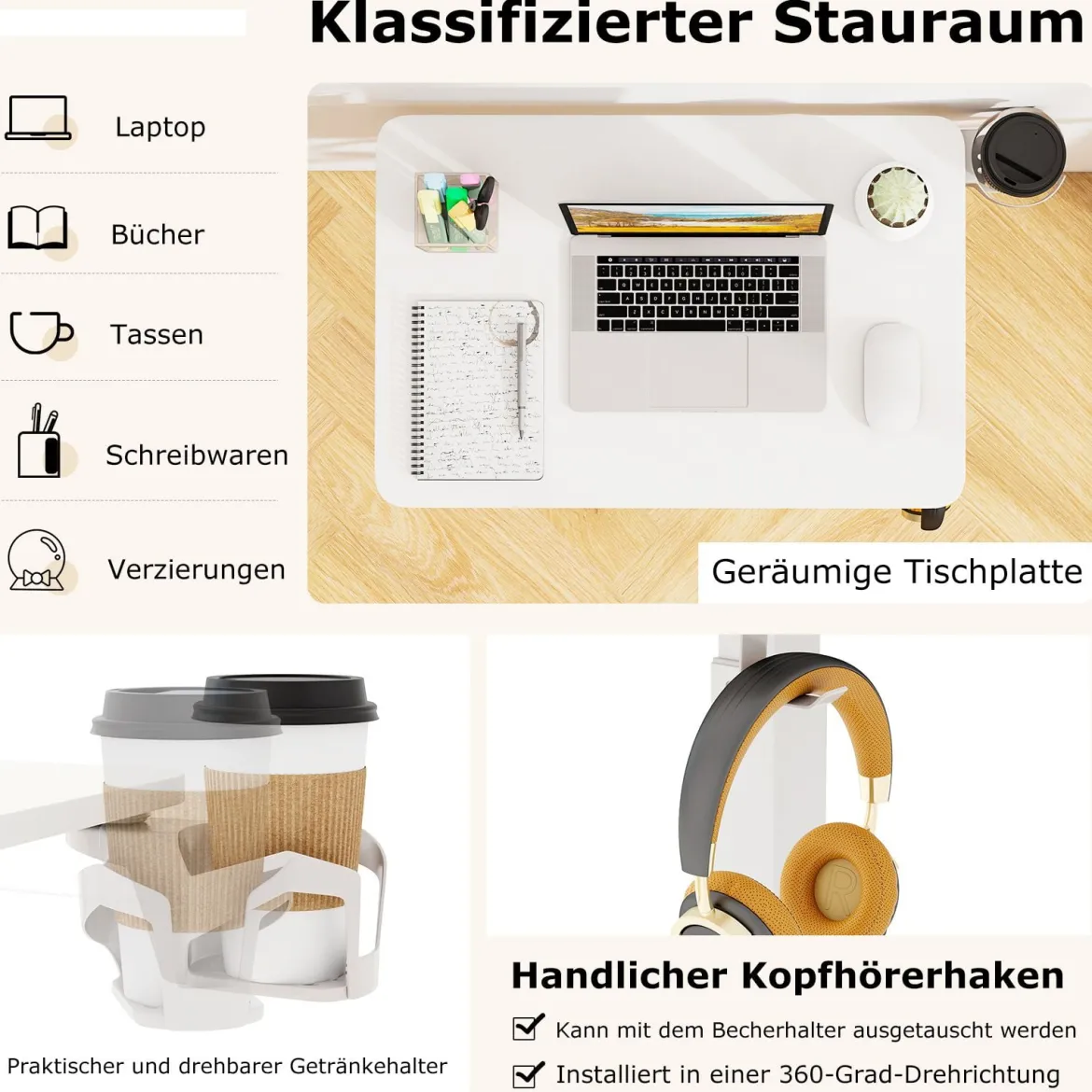 Pflegetisch mit versteckten Rollen höhenverstellbarer Betttisch mit Becherhalter & Haken Weiß