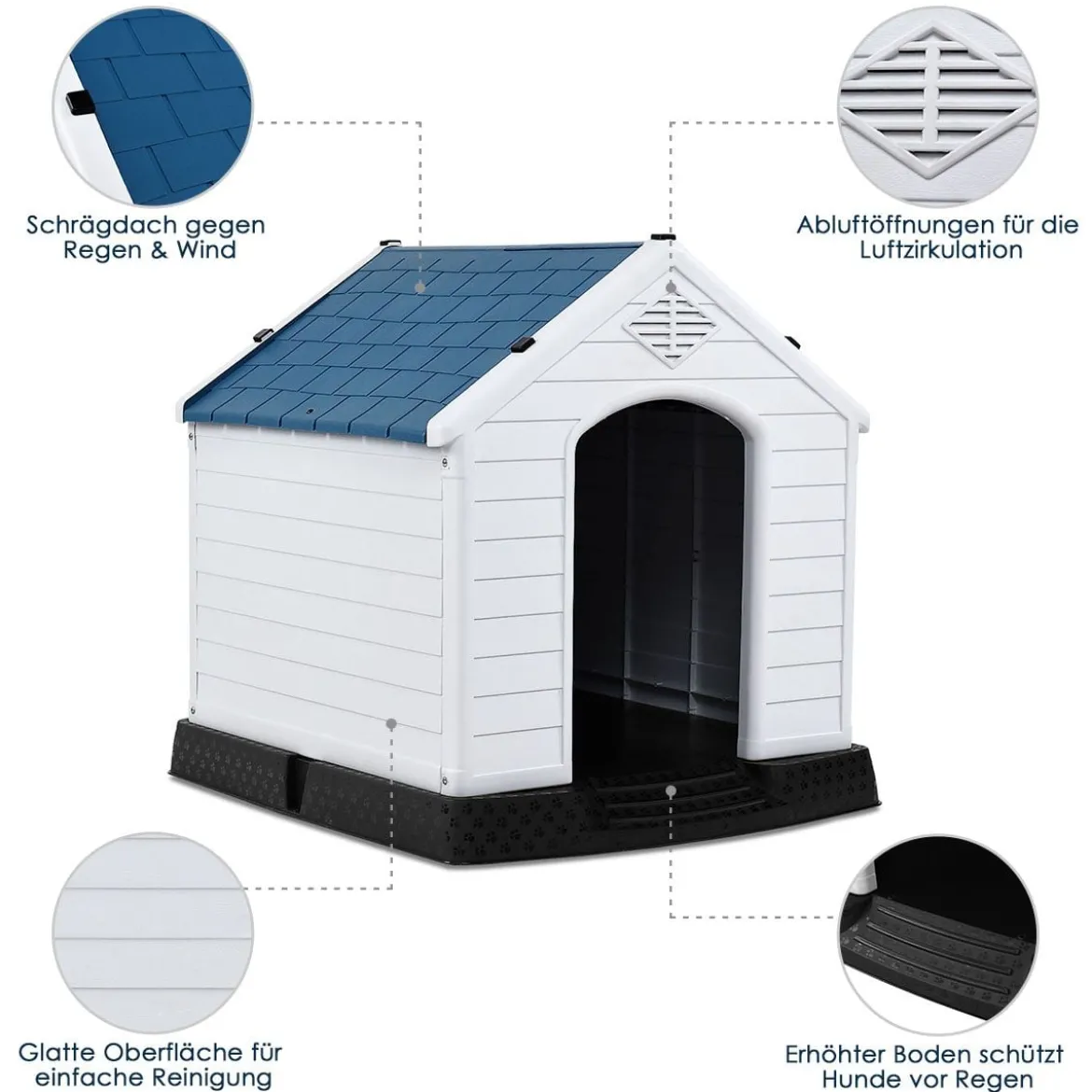 Plastik Hundehütte Haustierbedarf Hundehaus für Garten 87,7 x 78,5 x 81,5 cm Weiß + Blau