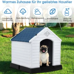 Plastik Hundehütte Haustierbedarf Hundehaus für Garten 87,7 x 78,5 x 81,5 cm Weiß + Blau