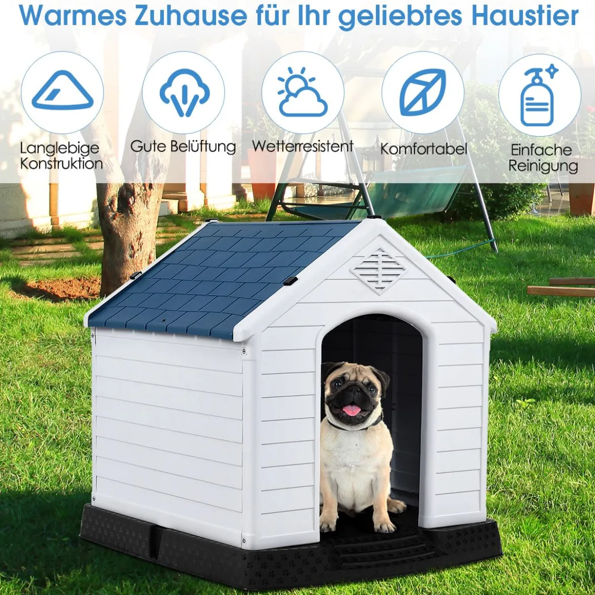 Plastik Hundehütte Haustierbedarf Hundehaus für Garten 87,7 x 78,5 x 81,5 cm Weiß + Blau