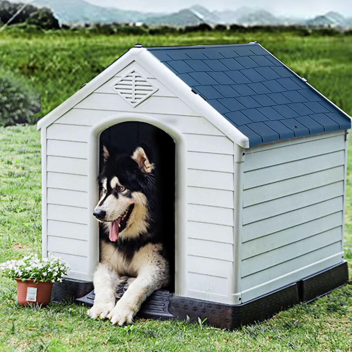 Plastik Hundehütte Haustierbedarf Hundehaus für Garten 87,7 x 78,5 x 81,5 cm Weiß + Blau