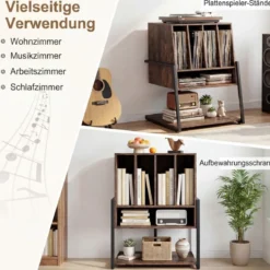 Plattenspielerständer mit Breite Tischplatte & 4 Trennwänden Vinyl Schallplattentisch Braun