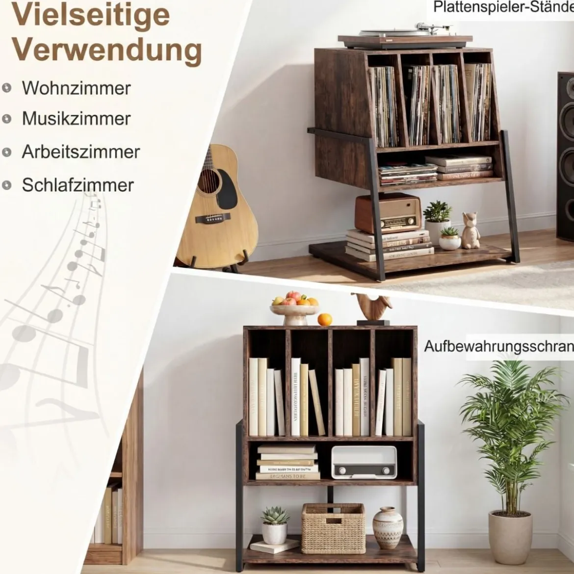 Plattenspielerständer mit Breite Tischplatte & 4 Trennwänden Vinyl Schallplattentisch Braun