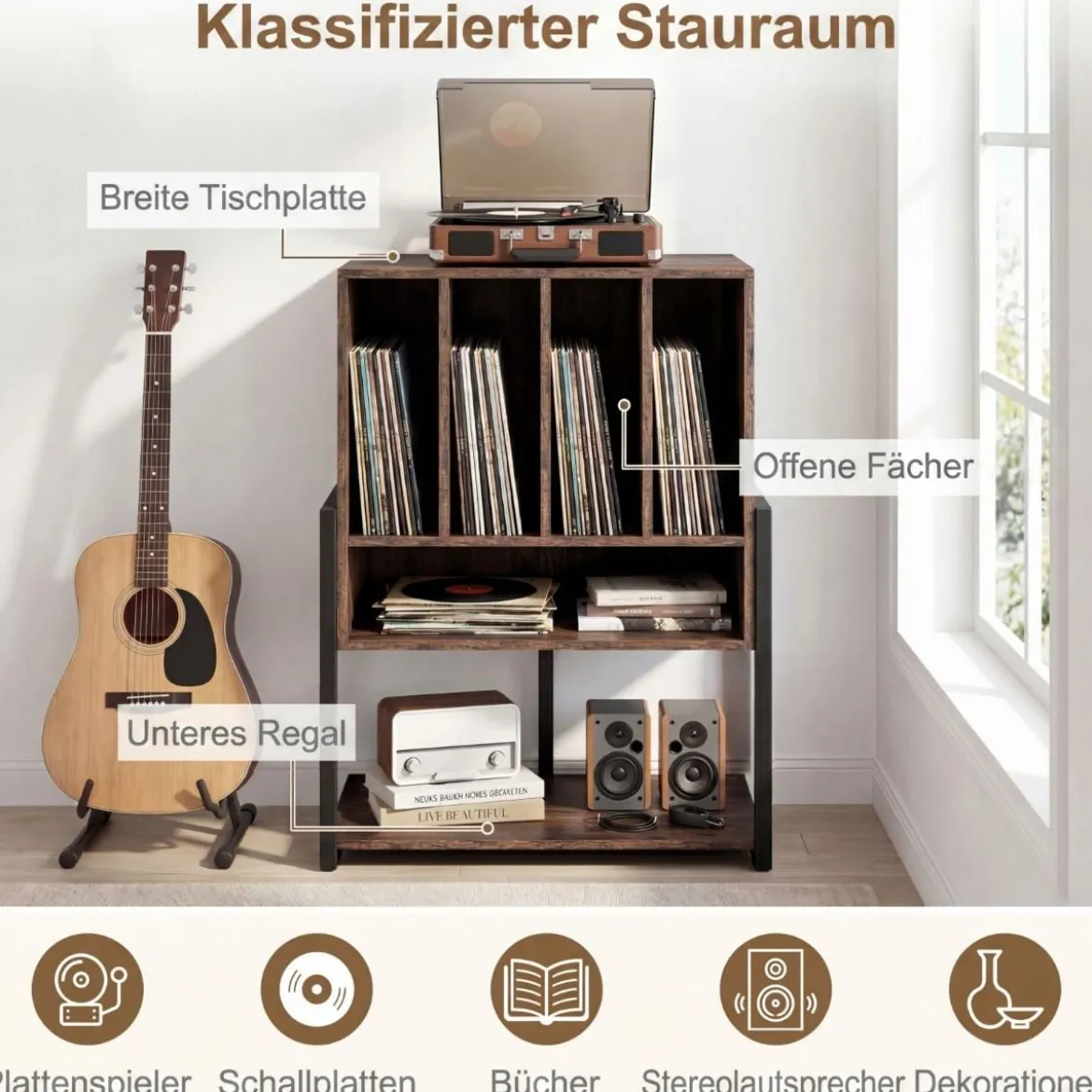 Plattenspielerständer mit Breite Tischplatte & 4 Trennwänden Vinyl Schallplattentisch Braun