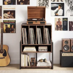 Plattenspielerständer mit Breite Tischplatte & 4 Trennwänden Vinyl Schallplattentisch Braun