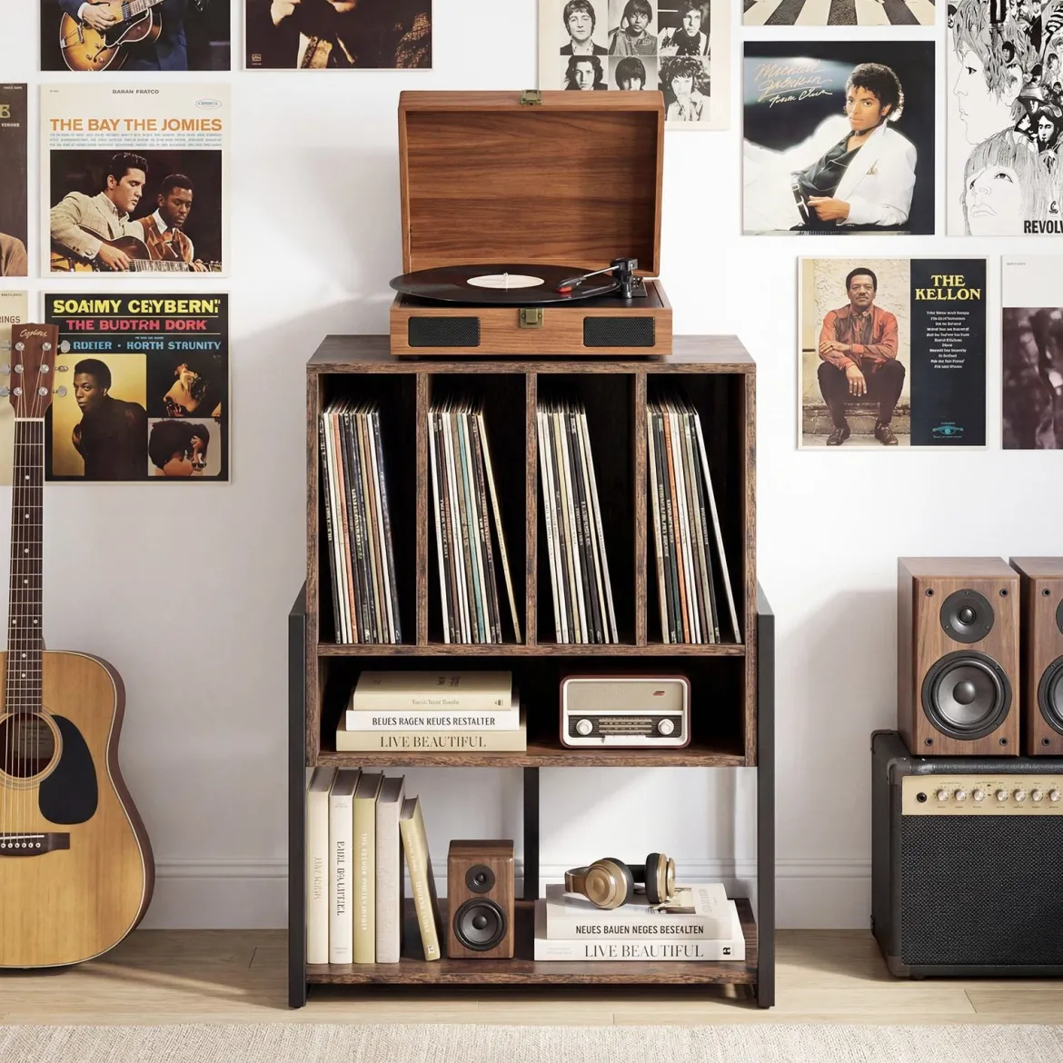 Plattenspielerständer mit Breite Tischplatte & 4 Trennwänden Vinyl Schallplattentisch Braun