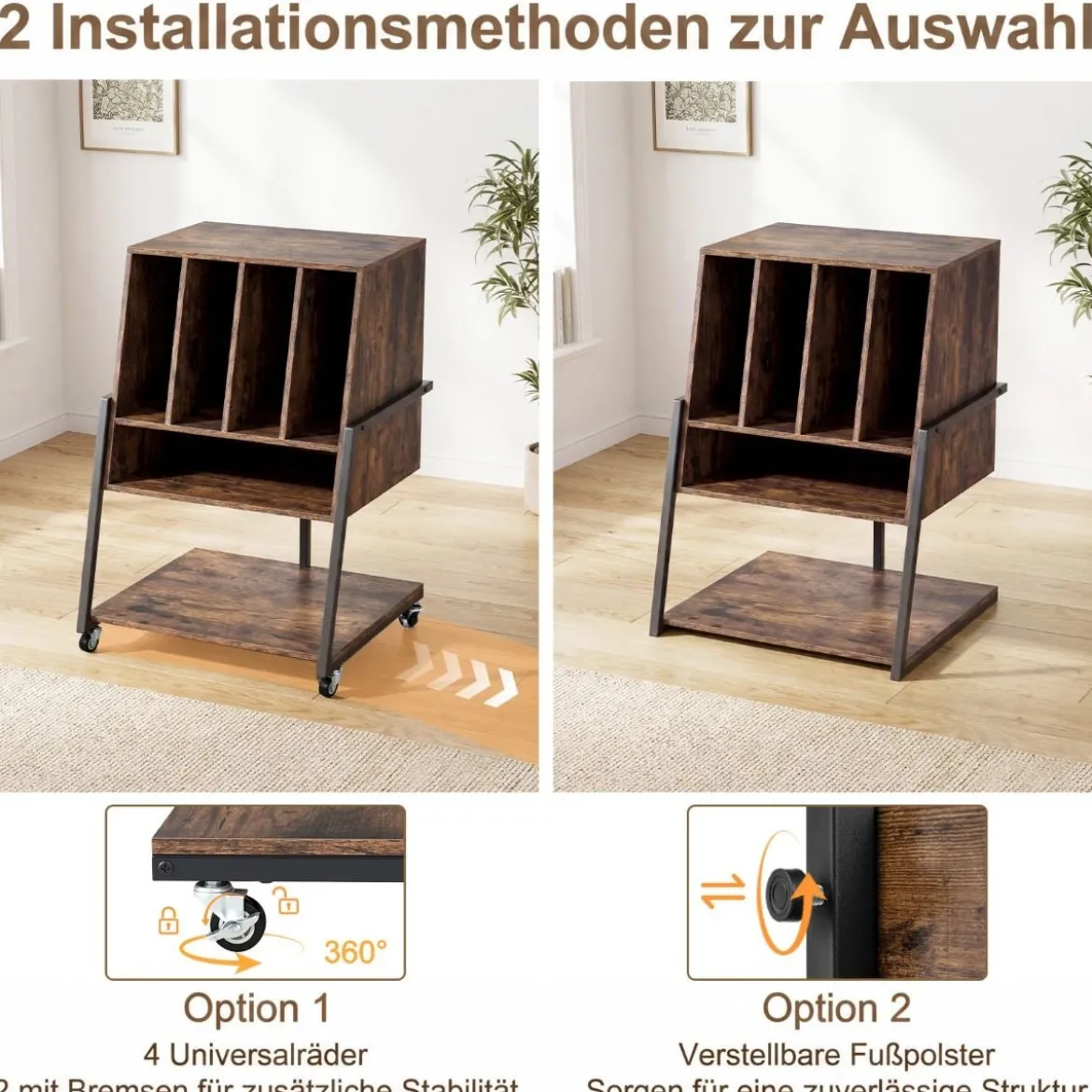 Plattenspielerständer mit Breite Tischplatte & 4 Trennwänden Vinyl Schallplattentisch Braun
