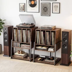 Plattenspielerständer mit Breite Tischplatte & 4 Trennwänden Vinyl Schallplattentisch Braun