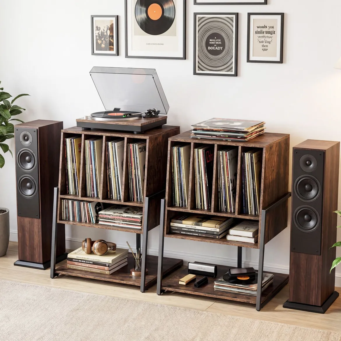 Plattenspielerständer mit Breite Tischplatte & 4 Trennwänden Vinyl Schallplattentisch Braun