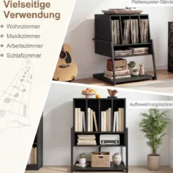 Plattenspielerständer mit Breite Tischplatte & 4 Trennwänden Vinyl Schallplattentisch Schwarz
