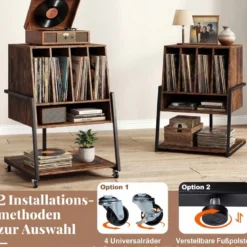 Plattenspielerständer mit Integrierter Ladestation & 4 Trennwänden Vinyl Schallplattentisch Braun