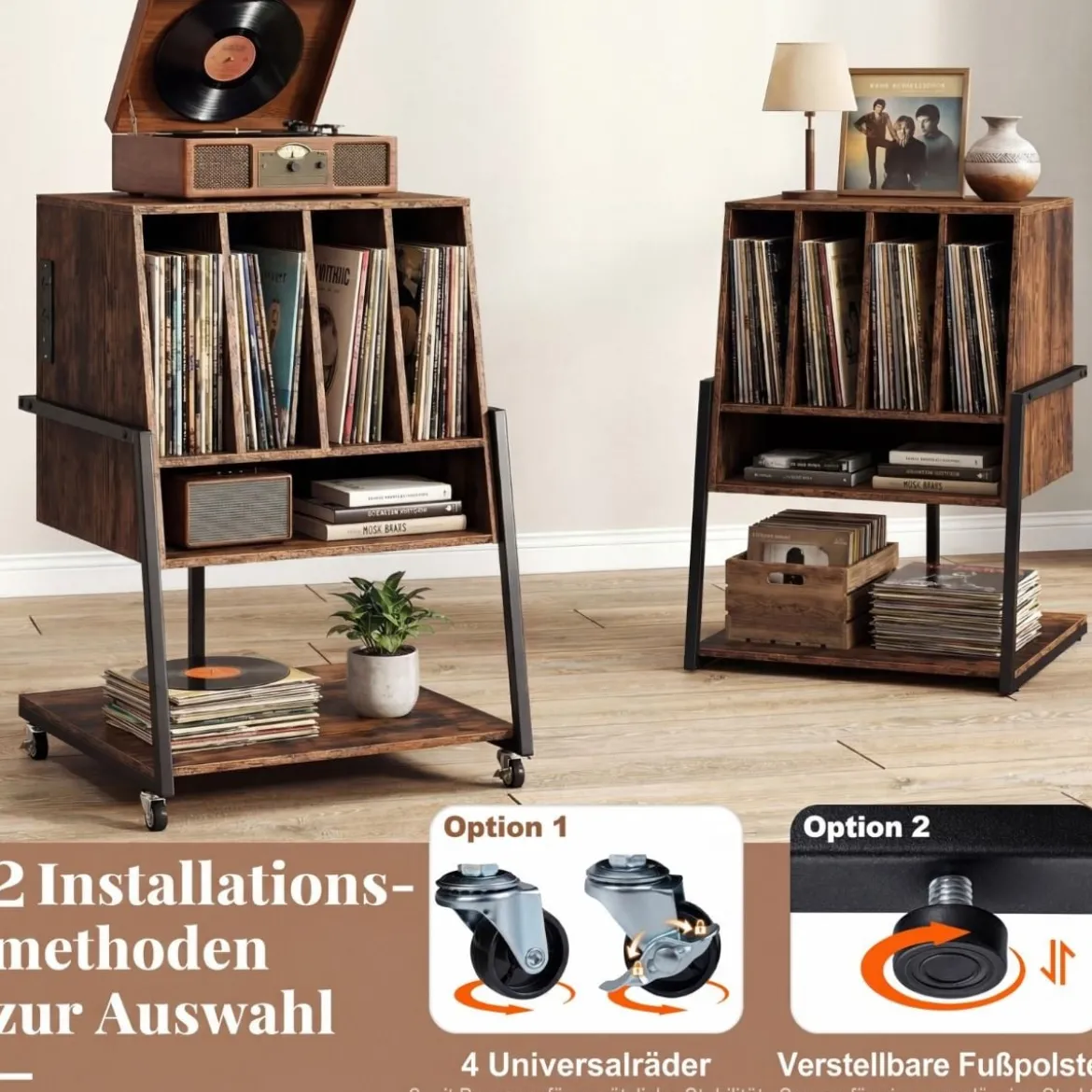 Plattenspielerständer mit Integrierter Ladestation & 4 Trennwänden Vinyl Schallplattentisch Braun