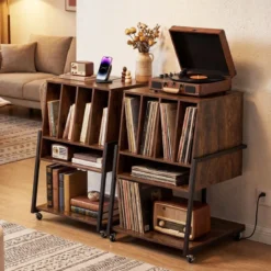 Plattenspielerständer mit Integrierter Ladestation & 4 Trennwänden Vinyl Schallplattentisch Braun