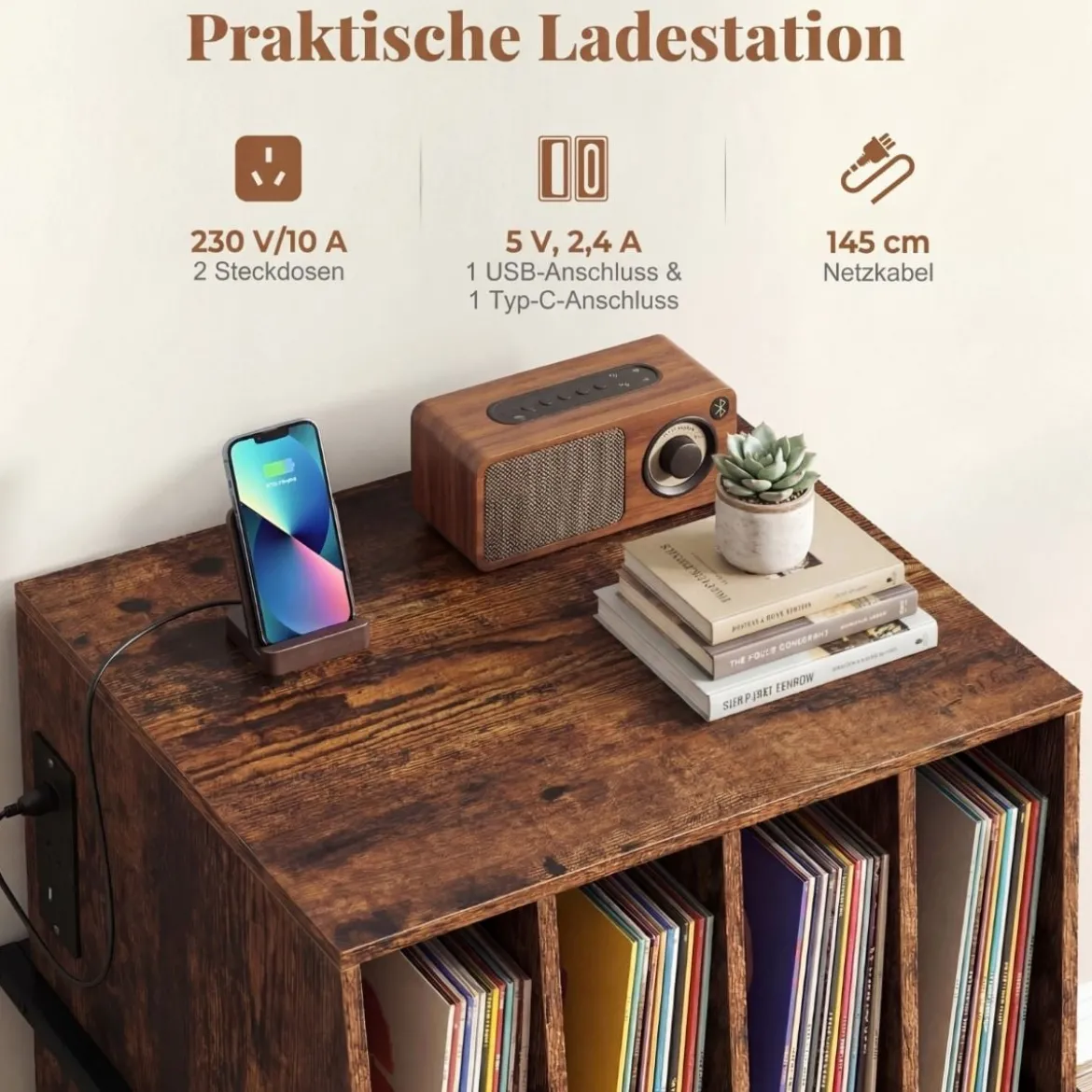Plattenspielerständer mit Integrierter Ladestation & 4 Trennwänden Vinyl Schallplattentisch Braun