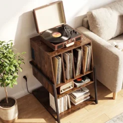 Plattenspielerständer mit Integrierter Ladestation & 4 Trennwänden Vinyl Schallplattentisch Braun