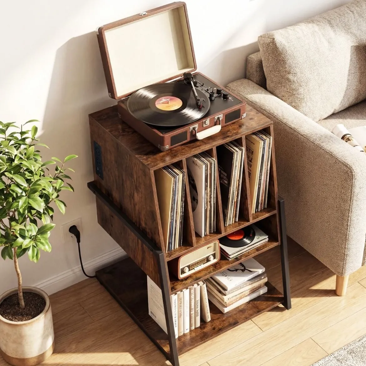 Plattenspielerständer mit Integrierter Ladestation & 4 Trennwänden Vinyl Schallplattentisch Braun