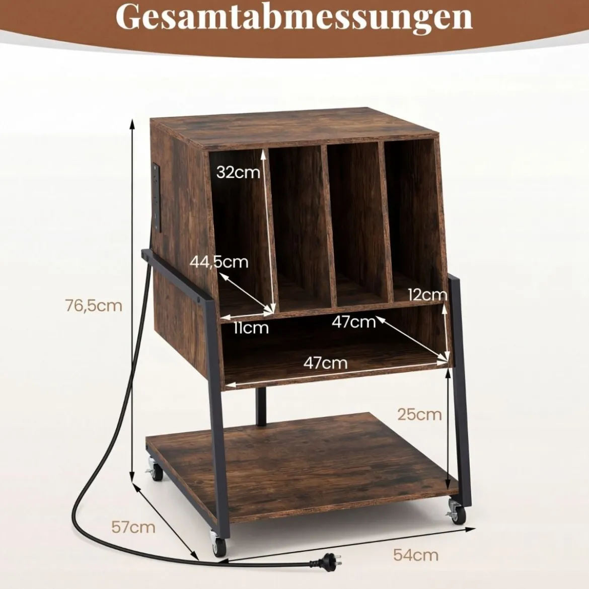 Plattenspielerständer mit Integrierter Ladestation & 4 Trennwänden Vinyl Schallplattentisch Braun