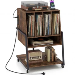 Plattenspielerständer mit Integrierter Ladestation & 4 Trennwänden Vinyl Schallplattentisch Braun