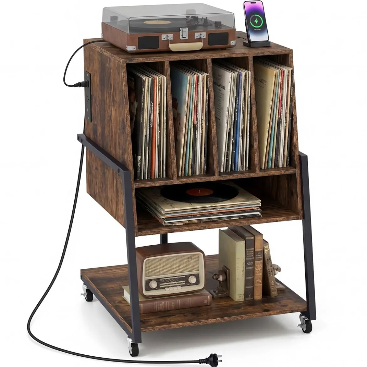 Plattenspielerständer mit Integrierter Ladestation & 4 Trennwänden Vinyl Schallplattentisch Braun