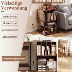Plattenspielerständer mit Integrierter Ladestation & 4 Trennwänden Vinyl Schallplattentisch Braun