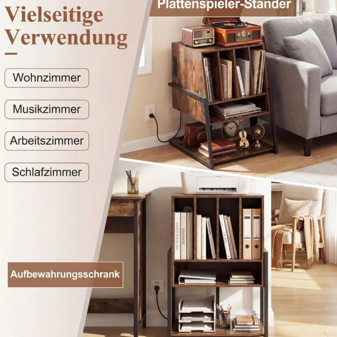 Plattenspielerständer mit Integrierter Ladestation & 4 Trennwänden Vinyl Schallplattentisch Braun