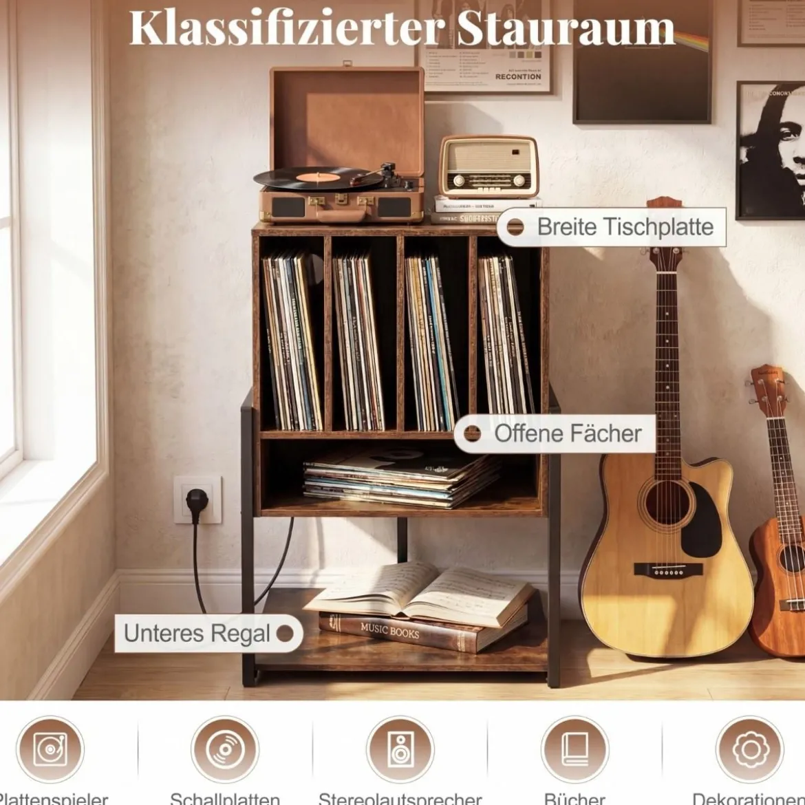 Plattenspielerständer mit Integrierter Ladestation & 4 Trennwänden Vinyl Schallplattentisch Braun