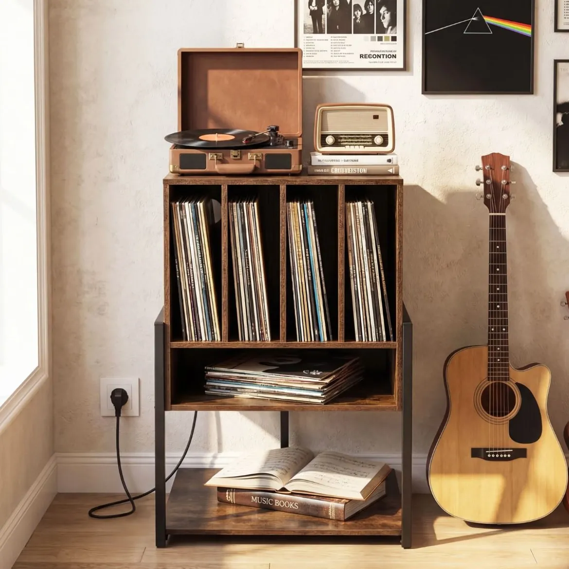 Plattenspielerständer mit Integrierter Ladestation & 4 Trennwänden Vinyl Schallplattentisch Braun
