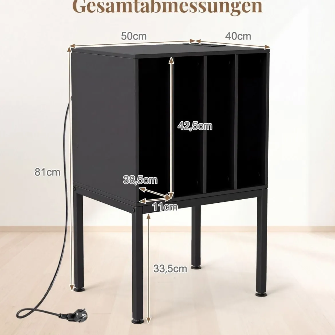 Plattenspieler-Ständer mit integrierter Ladestation & 4 Trennwänden & Kabelöffnung Schallplattenständer