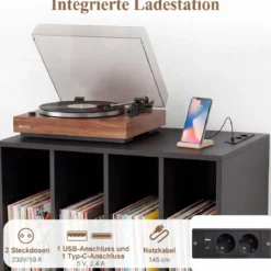 Plattenspieler-Ständer mit integrierter Ladestation & 4 Trennwänden & Kabelöffnung Schallplattenständer