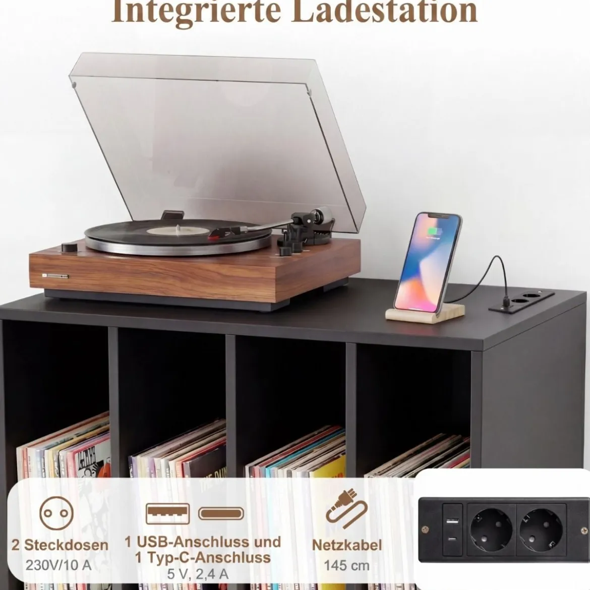 Plattenspieler-Ständer mit integrierter Ladestation & 4 Trennwänden & Kabelöffnung Schallplattenständer