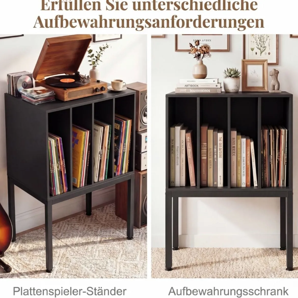 Plattenspieler-Ständer mit integrierter Ladestation & 4 Trennwänden & Kabelöffnung Schallplattenständer
