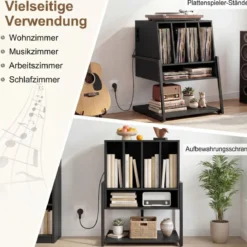 Plattenspielerständer mit Integrierter Ladestation & 4 Trennwänden Vinyl Schallplattentisch Schwarz