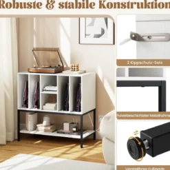 Plattenspielerständer mit Ladestation & Vinyl-Aufbewahrung Beistellschrank Vinyl-Display Regal Weiß