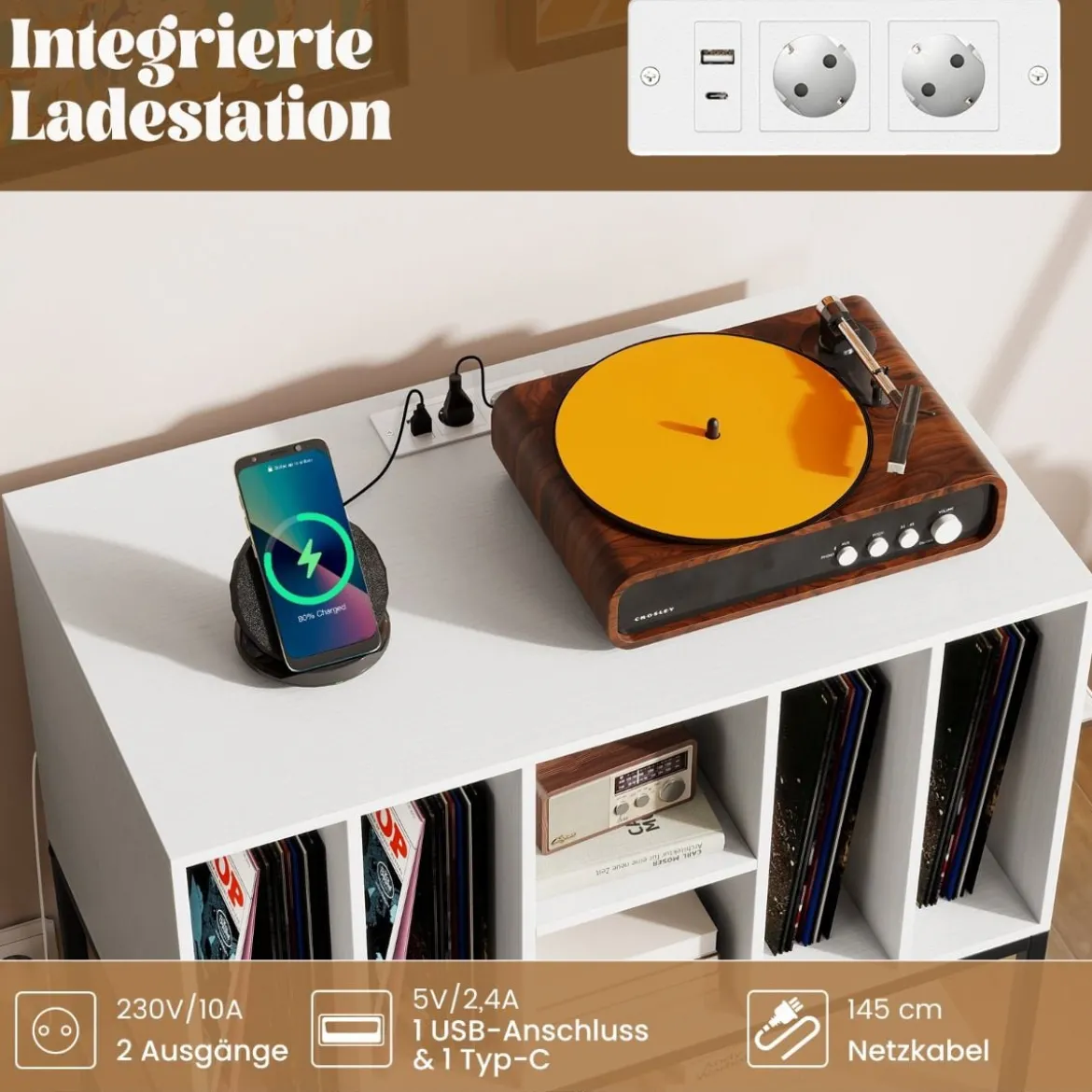 Plattenspielerständer mit Ladestation & Vinyl-Aufbewahrung Beistellschrank Vinyl-Display Regal Weiß