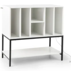 Plattenspielerständer mit Ladestation & Vinyl-Aufbewahrung Beistellschrank Vinyl-Display Regal Weiß