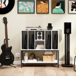 Plattenspielerständer mit Ladestation & Vinyl-Aufbewahrung Beistellschrank Vinyl-Display Regal Weiß