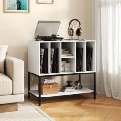Plattenspielerständer mit Ladestation & Vinyl-Aufbewahrung Beistellschrank Vinyl-Display Regal Weiß